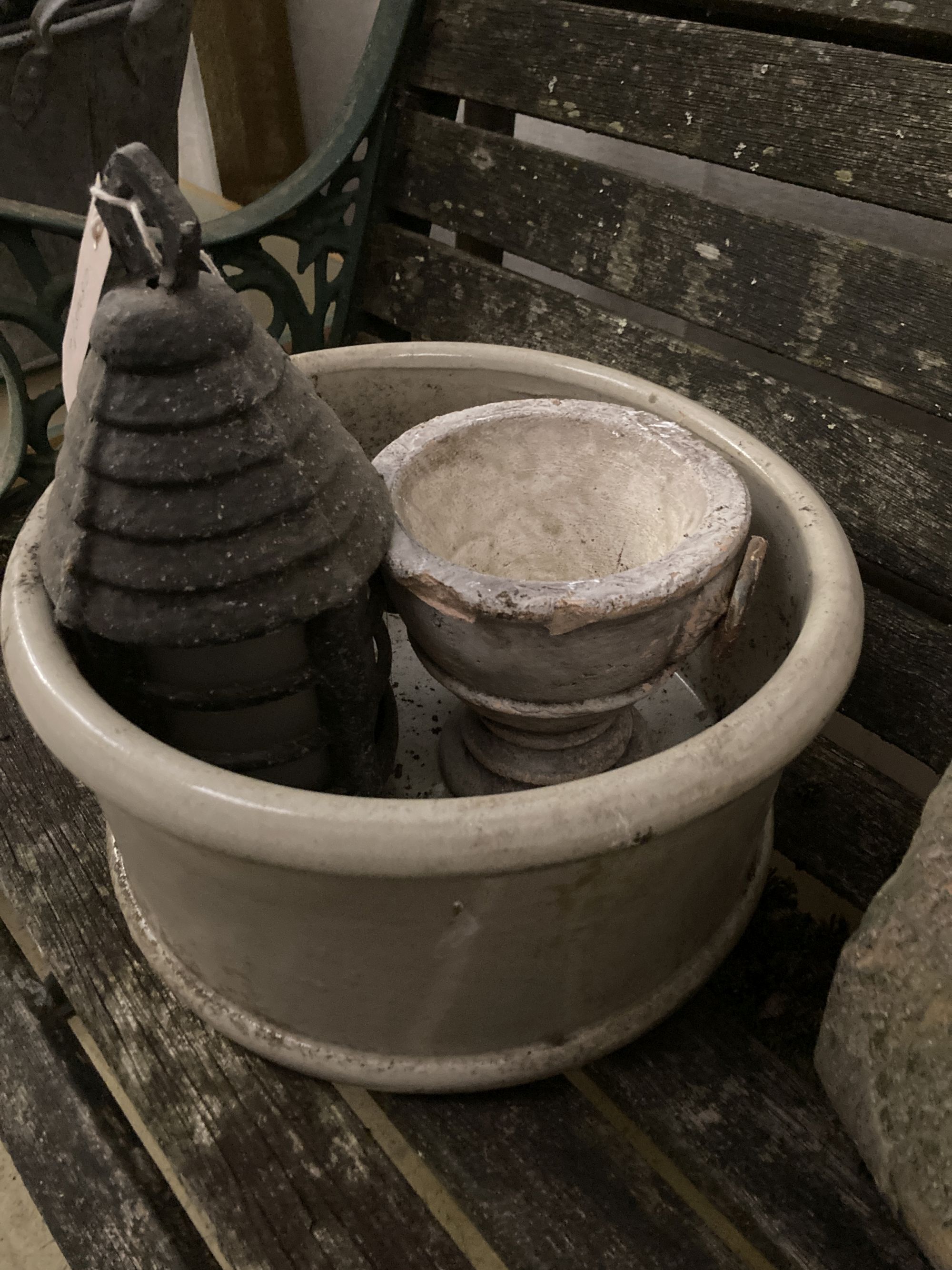 Four Earthenware dishes / urns and two others, tallest 46cm